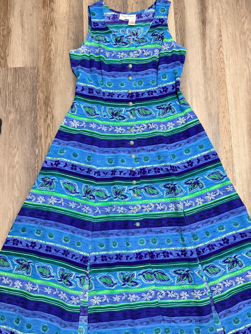 Vintage-Inspired Blue & Green Striped Floral Midi Dress